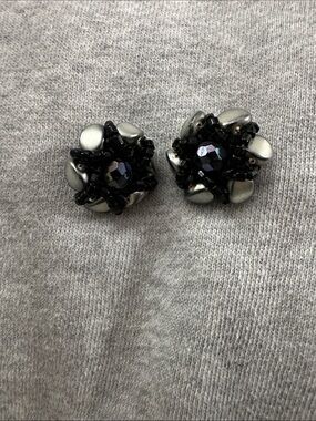 Handcrafted Hematite and Black Bead Floral Stud Earrings
